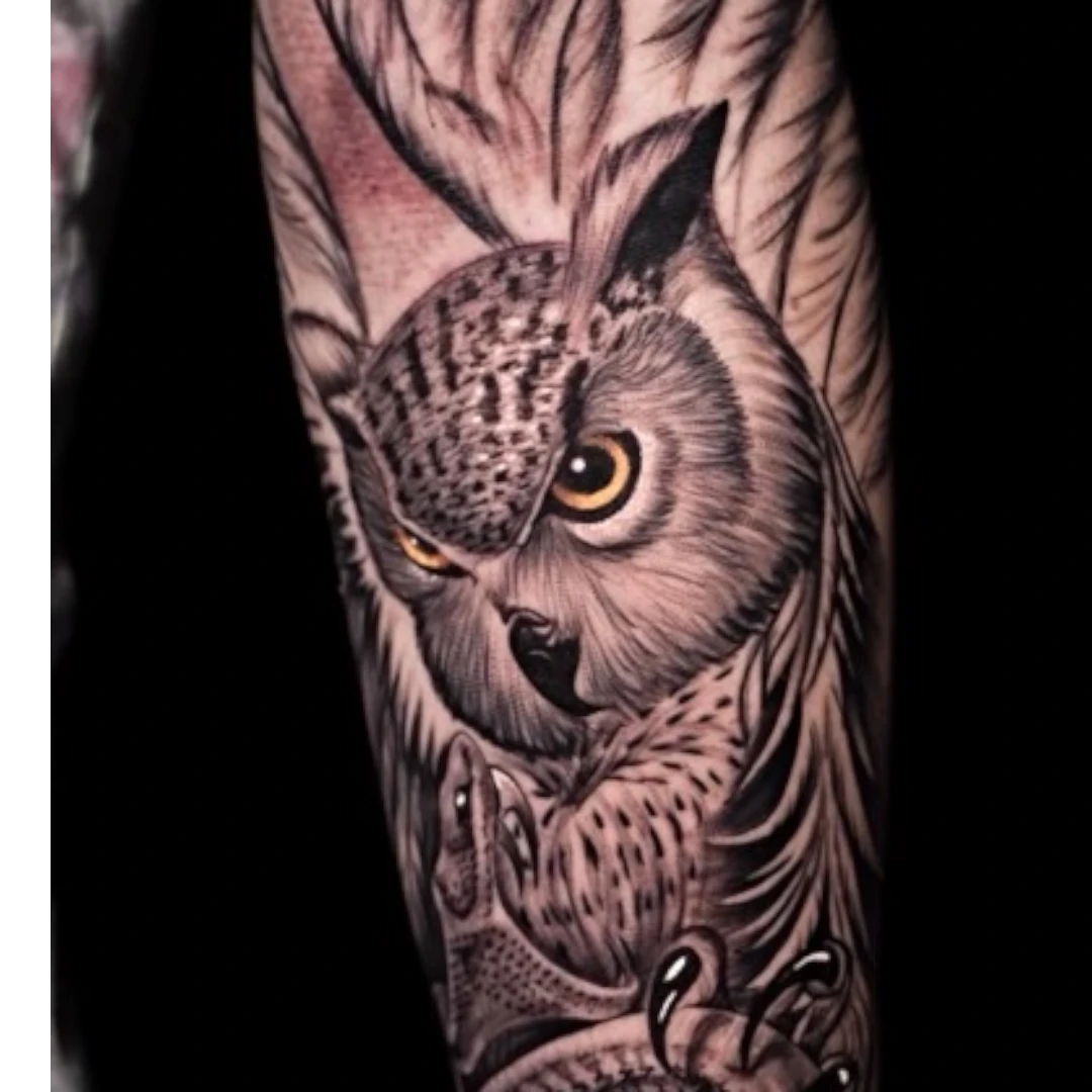Owl black and grey realism tattoo by Vegas Vic